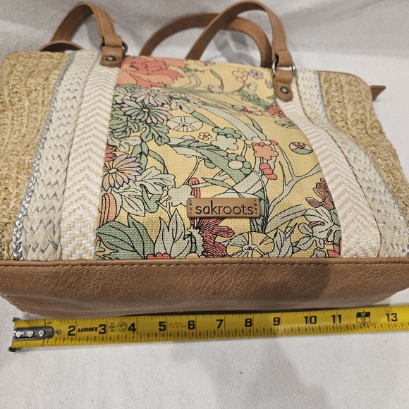 Sakroots Floral Yellow Straw Tote Bag with Leather Handles - Picture 7 of 8
